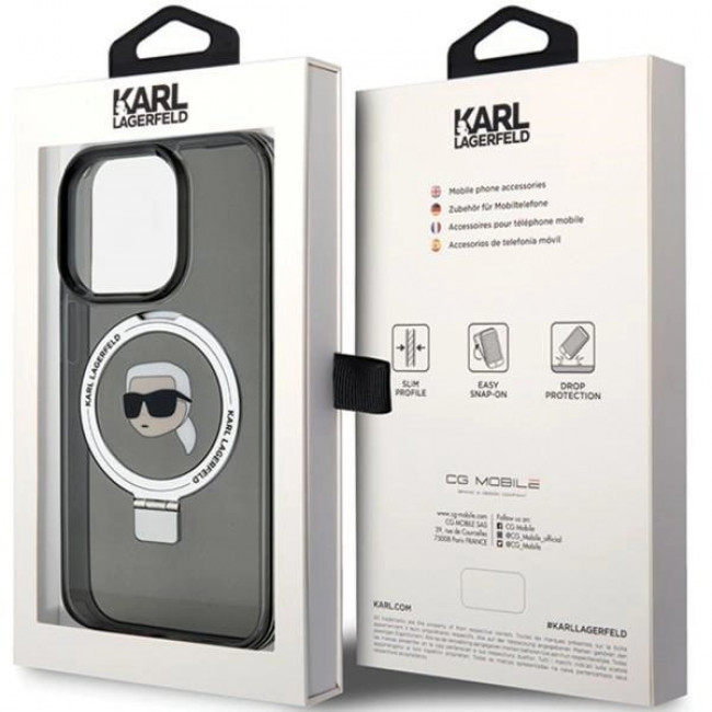 Karl Lagerfeld iPhone 15 Pro Ring Stand Karl Head MagSafe Σκληρή Θήκη με Πλαίσιο Σιλικόνης και MagSafe - Διάφανη / Black - KLHMP15LHMRSKHK