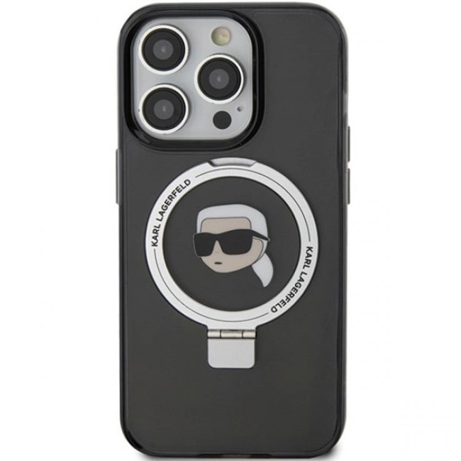 Karl Lagerfeld iPhone 15 Pro Ring Stand Karl Head MagSafe Σκληρή Θήκη με Πλαίσιο Σιλικόνης και MagSafe - Διάφανη / Black - KLHMP15LHMRSKHK