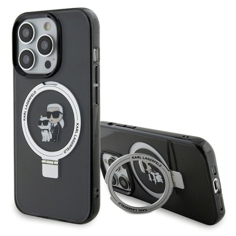 Karl Lagerfeld iPhone 15 Pro Max Ring Stand Karl and Choupette MagSafe Σκληρή Θήκη με Πλαίσιο Σιλικόνης και MagSafe - Διάφανη / Black - KLHMP15XHMRSKCK