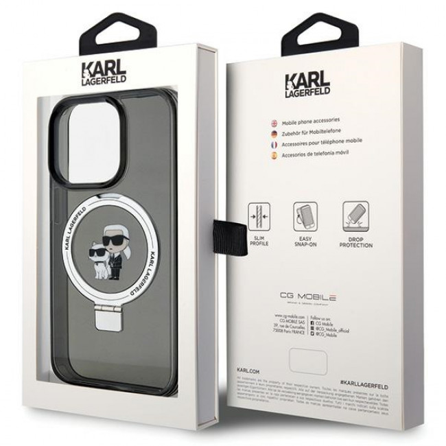 Karl Lagerfeld iPhone 15 Pro Max Ring Stand Karl and Choupette MagSafe Σκληρή Θήκη με Πλαίσιο Σιλικόνης και MagSafe - Διάφανη / Black - KLHMP15XHMRSKCK