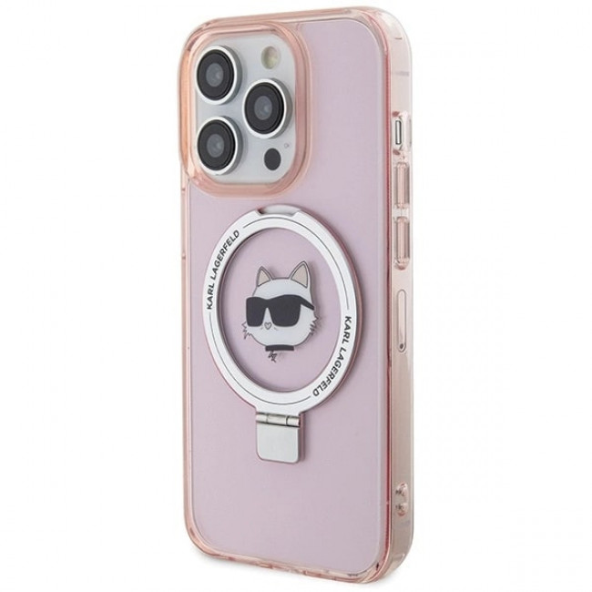 Karl Lagerfeld iPhone 15 Pro Ring Stand Choupette Head MagSafe Σκληρή Θήκη με Πλαίσιο Σιλικόνης και MagSafe - Διάφανη / Pink - KLHMP15LHMRSCHP