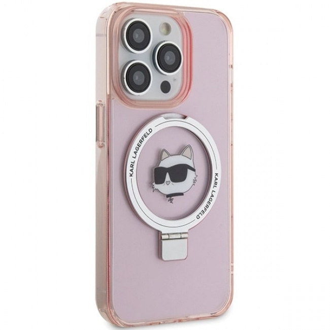 Karl Lagerfeld iPhone 15 Pro Ring Stand Choupette Head MagSafe Σκληρή Θήκη με Πλαίσιο Σιλικόνης και MagSafe - Διάφανη / Pink - KLHMP15LHMRSCHP