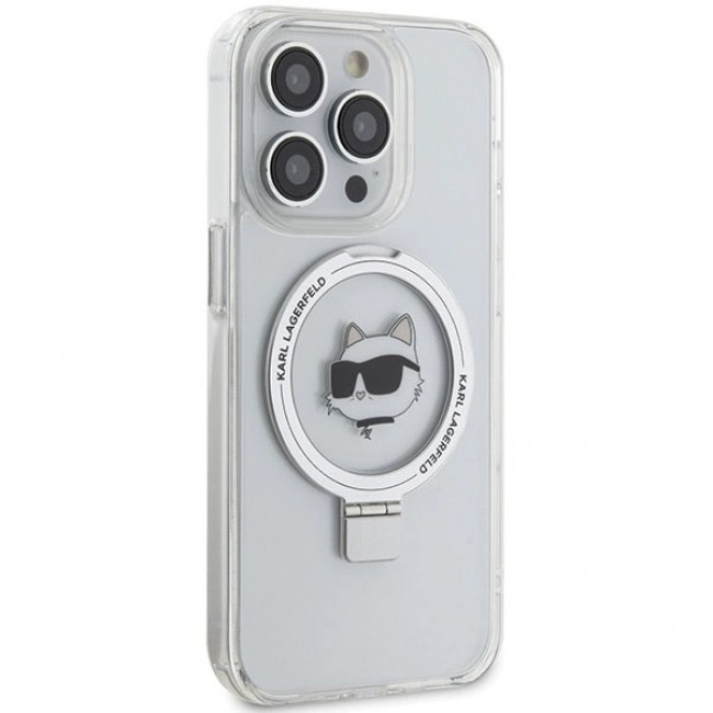 Karl Lagerfeld iPhone 15 Pro Ring Stand Choupette Head MagSafe Σκληρή Θήκη με Πλαίσιο Σιλικόνης και MagSafe - Διάφανη / Silver - KLHMP15LHMRSCHH