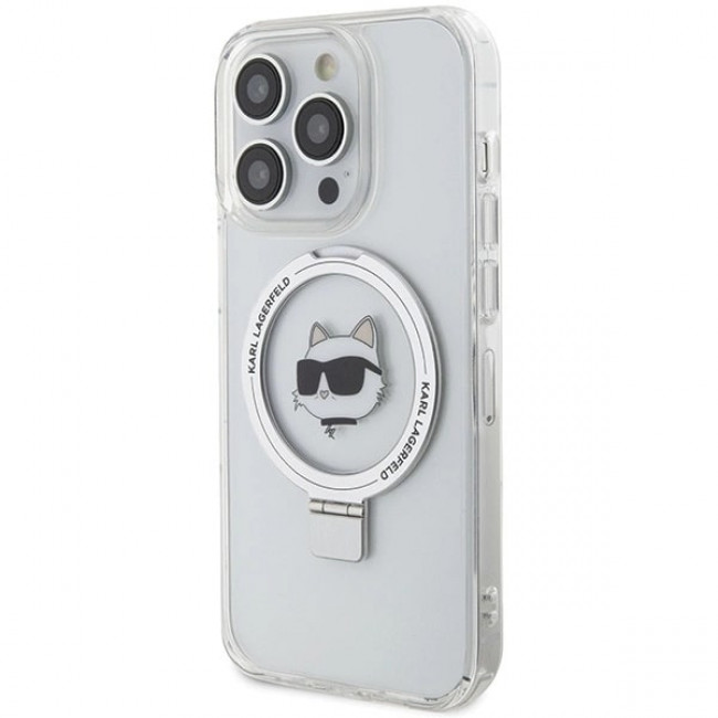 Karl Lagerfeld iPhone 15 Pro Ring Stand Choupette Head MagSafe Σκληρή Θήκη με Πλαίσιο Σιλικόνης και MagSafe - Διάφανη / Silver - KLHMP15LHMRSCHH