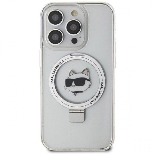 Karl Lagerfeld iPhone 15 Pro Ring Stand Choupette Head MagSafe Σκληρή Θήκη με Πλαίσιο Σιλικόνης και MagSafe - Διάφανη / Silver - KLHMP15LHMRSCHH