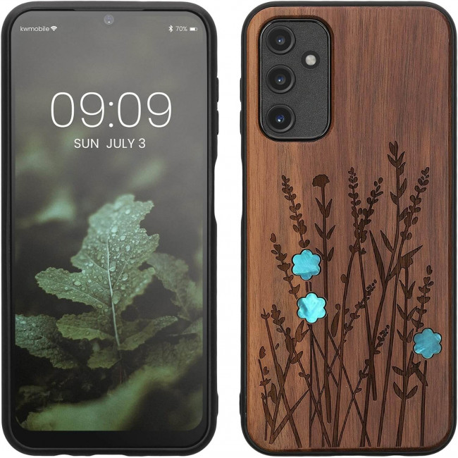 KW Samsung Galaxy A14 5G Θήκη από Φυσικό Ξύλο - Design Wild Flowers Pearl - Dark Brown - 60817.09