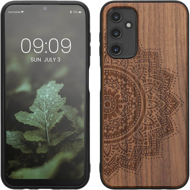 KW Samsung Galaxy A14 5G Θήκη από Φυσικό Ξύλο - Design Half Flower - Dark Brown - 60817.06