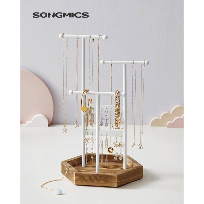 Songmics Μεταλλικό Stand Κοσμημάτων με Ξύλινη Βάση - White / Natural - JJS03NW