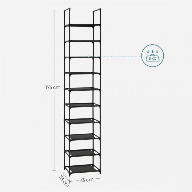 Songmics Μεταλλική Παπουτσοθήκη με 10 Ράφια - 33 x 33 x 173 cm - Black - LSR110B02