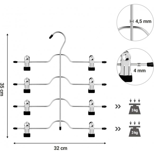 Songmics Σετ με 3 Μεταλλικές Κρεμάστρες Παντελονιών 4 Θέσεων - Silver / Black - CRI042BK