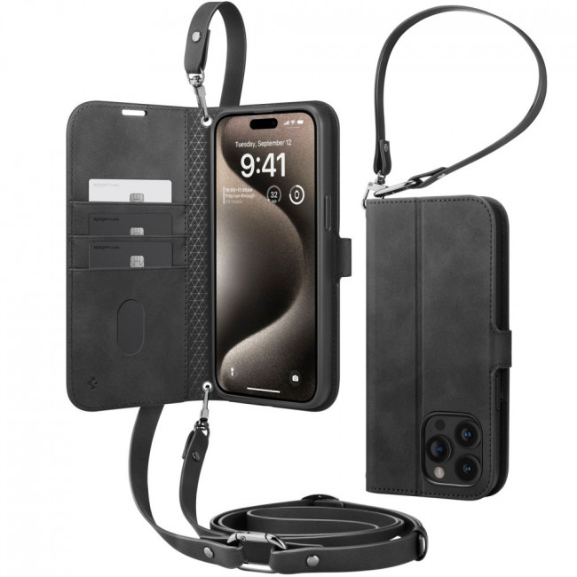 Spigen iPhone 15 Pro Max Wallet S Pro Θήκη Πορτοφόλι Stand από Δερματίνη - Black