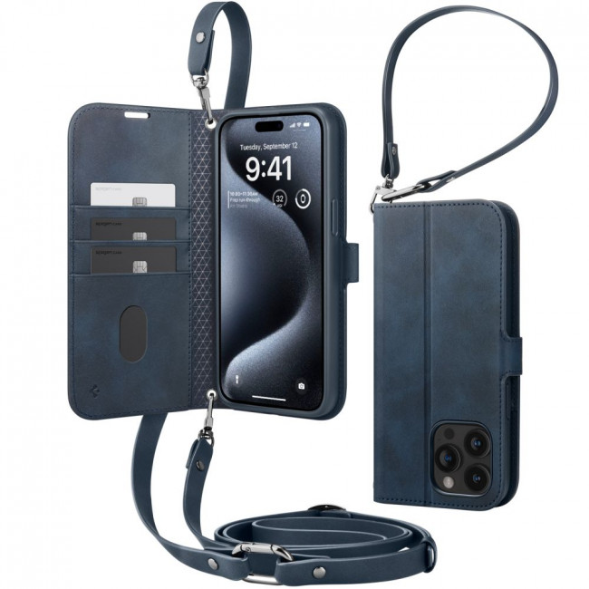 Spigen iPhone 15 Pro Wallet S Pro Θήκη Πορτοφόλι Stand από Δερματίνη - Navy