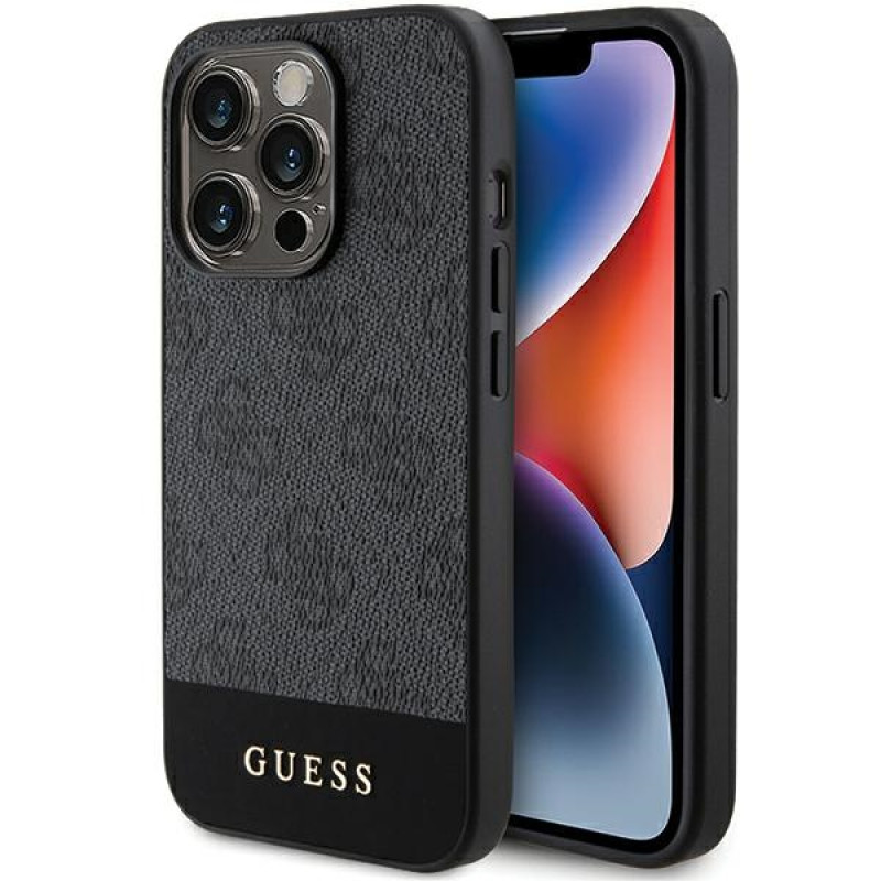 Guess iPhone 15 Pro - 4G Stripe Collection Θήκη με Επένδυση Συνθετικού Δέρματος - Grey - GUHCP15LG4GLGR