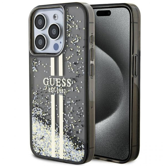 Guess iPhone 15 Pro Max Liquid Glitter Gold Stripes Σκληρή Θήκη με Πλαίσιο Σιλικόνης - Black - GUHCP15XLFCSEGK