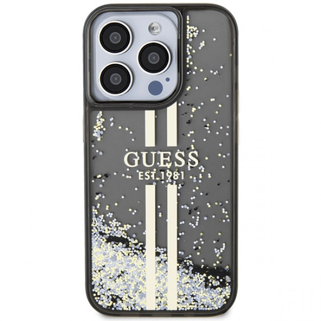 Guess iPhone 15 Pro Max Liquid Glitter Gold Stripes Σκληρή Θήκη με Πλαίσιο Σιλικόνης - Black - GUHCP15XLFCSEGK