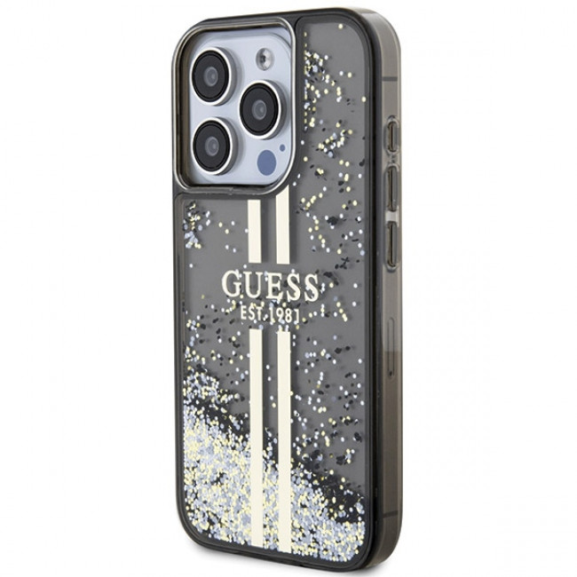 Guess iPhone 15 Pro Max Liquid Glitter Gold Stripes Σκληρή Θήκη με Πλαίσιο Σιλικόνης - Black - GUHCP15XLFCSEGK