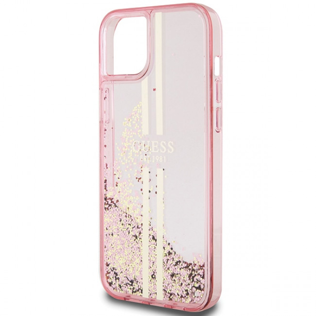 Guess iPhone 15 Liquid Glitter Gold Stripes Σκληρή Θήκη με Πλαίσιο Σιλικόνης - Pink - GUHCP15SLFCSEGP