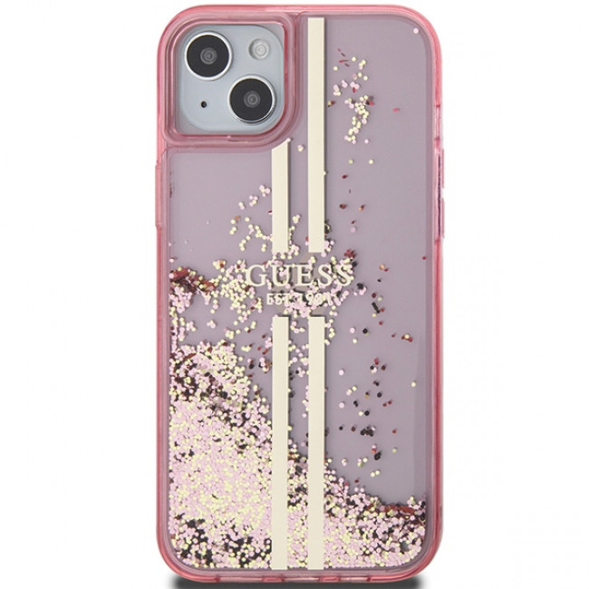 Guess iPhone 15 Liquid Glitter Gold Stripes Σκληρή Θήκη με Πλαίσιο Σιλικόνης - Pink - GUHCP15SLFCSEGP