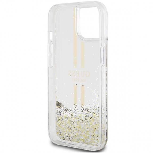 Guess iPhone 15 Plus Liquid Glitter Gold Stripes Σκληρή Θήκη με Πλαίσιο Σιλικόνης - Διάφανη - GUHCP15MLFCSEGT