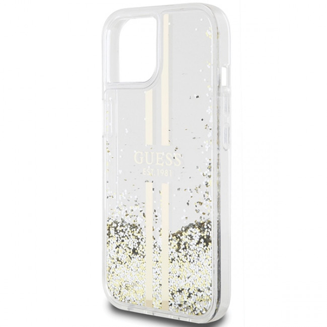 Guess iPhone 15 Plus Liquid Glitter Gold Stripes Σκληρή Θήκη με Πλαίσιο Σιλικόνης - Διάφανη - GUHCP15MLFCSEGT