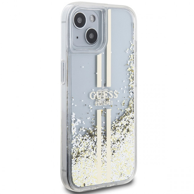 Guess iPhone 15 Plus Liquid Glitter Gold Stripes Σκληρή Θήκη με Πλαίσιο Σιλικόνης - Διάφανη - GUHCP15MLFCSEGT