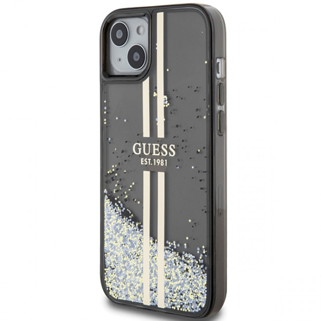 Guess iPhone 15 Plus Liquid Glitter Gold Stripes Σκληρή Θήκη με Πλαίσιο Σιλικόνης - Black - GUHCP15MLFCSEGK