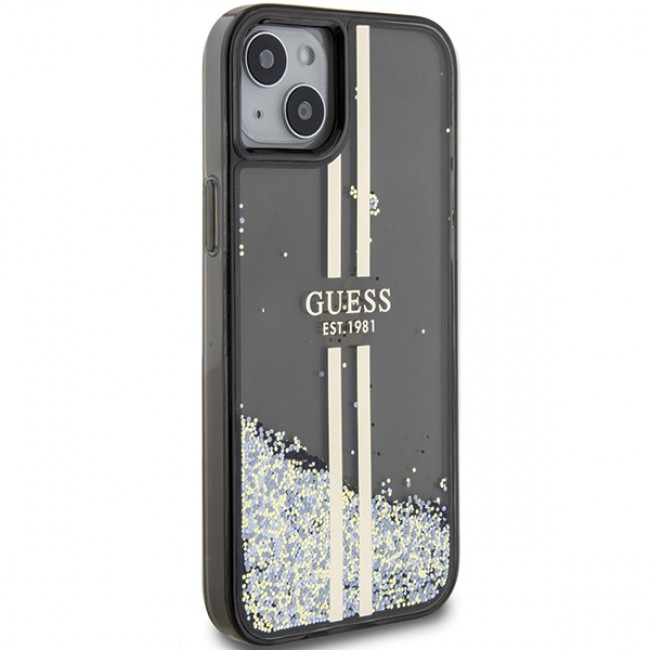 Guess iPhone 15 Plus Liquid Glitter Gold Stripes Σκληρή Θήκη με Πλαίσιο Σιλικόνης - Black - GUHCP15MLFCSEGK