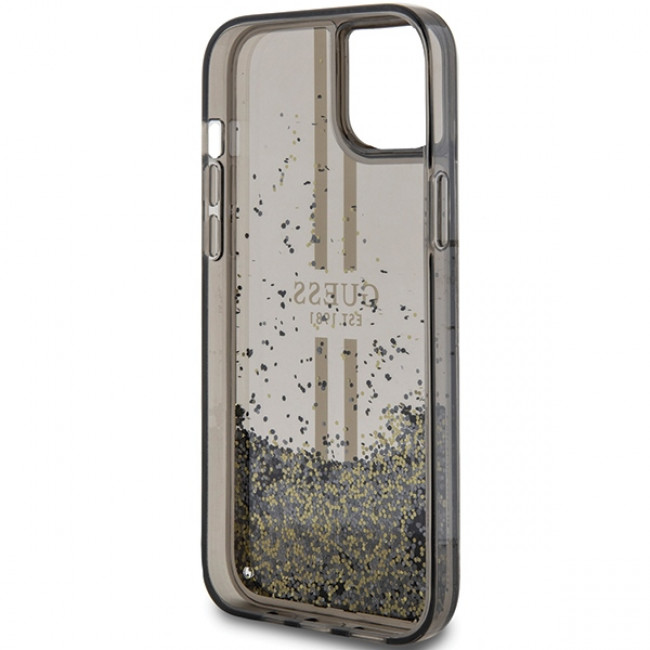 Guess iPhone 15 Plus Liquid Glitter Gold Stripes Σκληρή Θήκη με Πλαίσιο Σιλικόνης - Black - GUHCP15MLFCSEGK