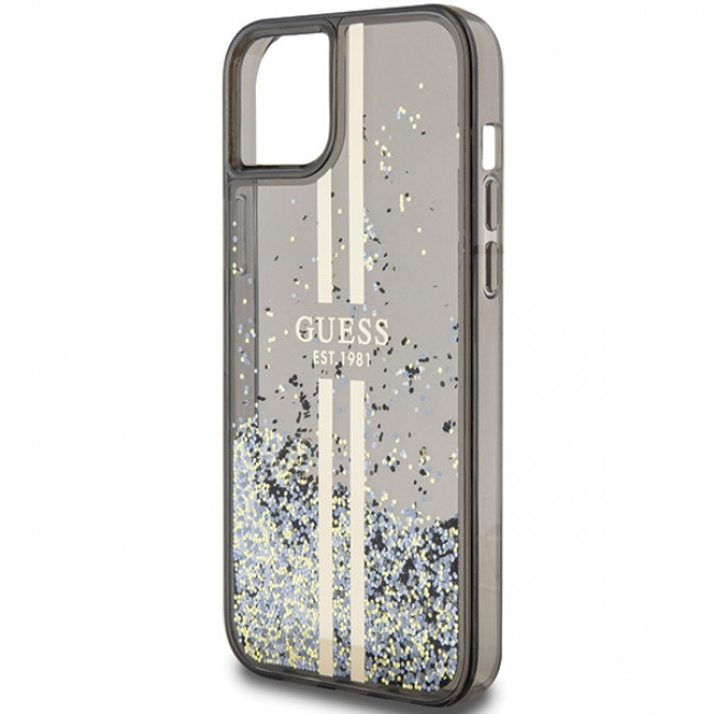 Guess iPhone 15 Plus Liquid Glitter Gold Stripes Σκληρή Θήκη με Πλαίσιο Σιλικόνης - Black - GUHCP15MLFCSEGK