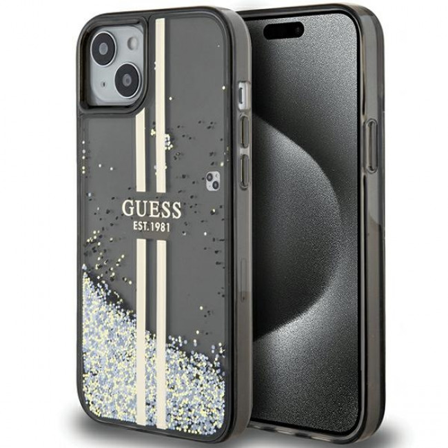 Guess iPhone 15 Plus Liquid Glitter Gold Stripes Σκληρή Θήκη με Πλαίσιο Σιλικόνης - Black - GUHCP15MLFCSEGK