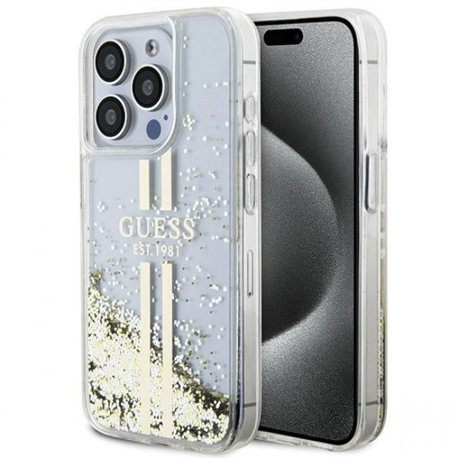 Guess iPhone 15 Pro Liquid Glitter Gold Stripes Σκληρή Θήκη με Πλαίσιο Σιλικόνης - Διάφανη - GUHCP15LLFCSEGT