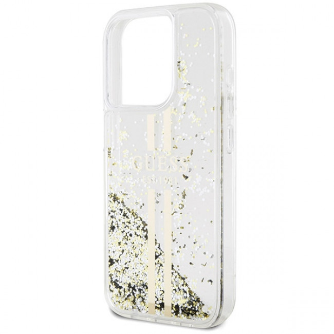 Guess iPhone 15 Pro Liquid Glitter Gold Stripes Σκληρή Θήκη με Πλαίσιο Σιλικόνης - Διάφανη - GUHCP15LLFCSEGT