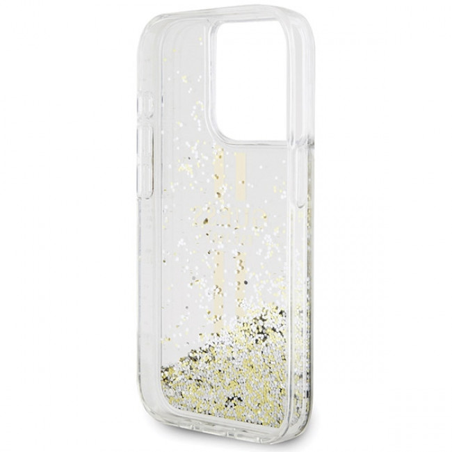 Guess iPhone 15 Pro Liquid Glitter Gold Stripes Σκληρή Θήκη με Πλαίσιο Σιλικόνης - Διάφανη - GUHCP15LLFCSEGT