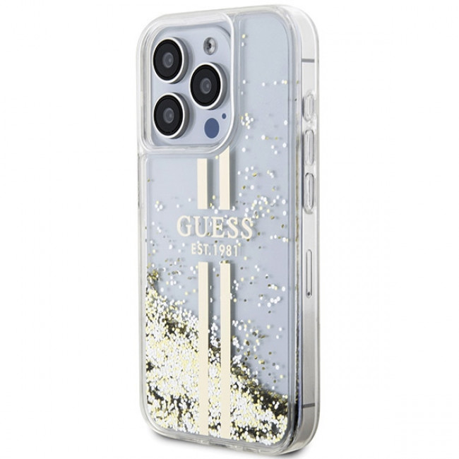 Guess iPhone 15 Pro Liquid Glitter Gold Stripes Σκληρή Θήκη με Πλαίσιο Σιλικόνης - Διάφανη - GUHCP15LLFCSEGT