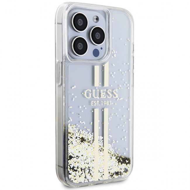 Guess iPhone 15 Pro Liquid Glitter Gold Stripes Σκληρή Θήκη με Πλαίσιο Σιλικόνης - Διάφανη - GUHCP15LLFCSEGT