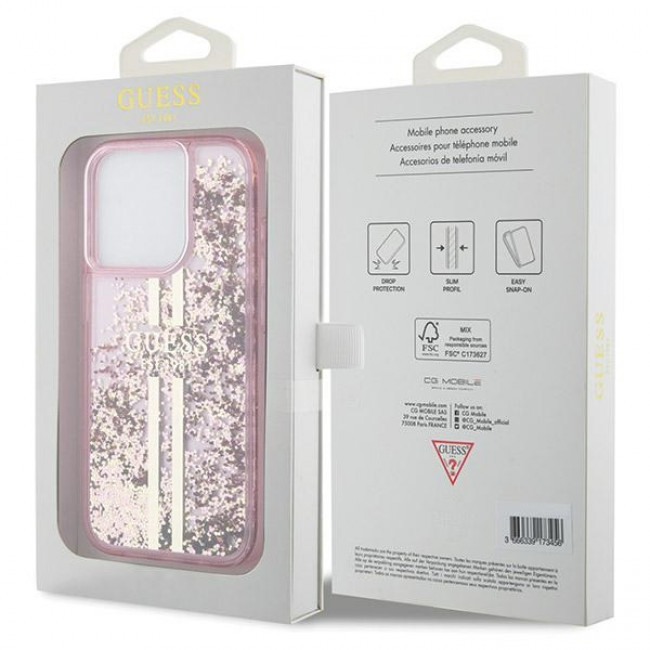 Guess iPhone 15 Pro Liquid Glitter Gold Stripes Σκληρή Θήκη με Πλαίσιο Σιλικόνης - Pink - GUHCP15LLFCSEGP