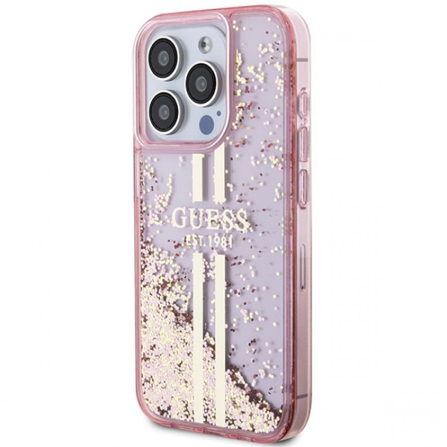 Guess iPhone 15 Pro Liquid Glitter Gold Stripes Σκληρή Θήκη με Πλαίσιο Σιλικόνης - Pink - GUHCP15LLFCSEGP