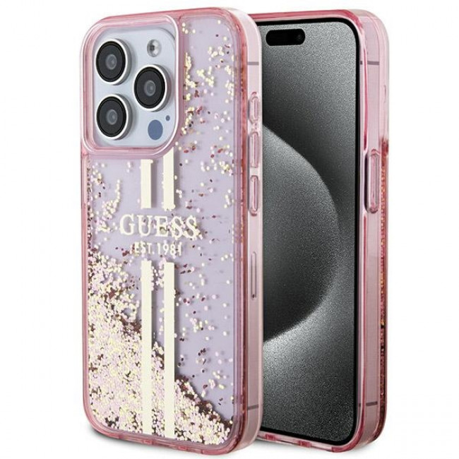 Guess iPhone 15 Pro Liquid Glitter Gold Stripes Σκληρή Θήκη με Πλαίσιο Σιλικόνης - Pink - GUHCP15LLFCSEGP