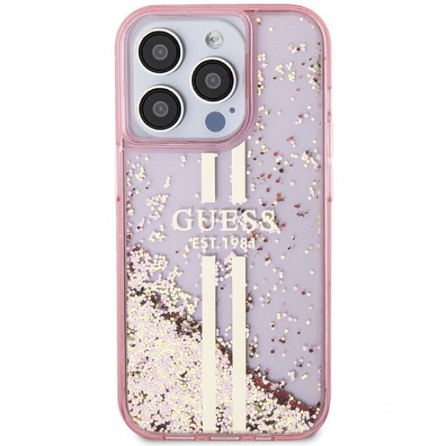 Guess iPhone 15 Pro Liquid Glitter Gold Stripes Σκληρή Θήκη με Πλαίσιο Σιλικόνης - Pink - GUHCP15LLFCSEGP