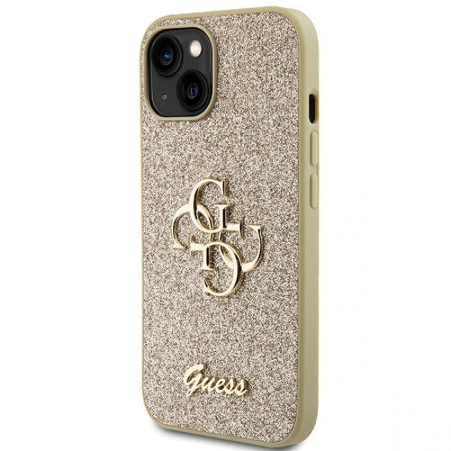 Guess iPhone 15 Glitter Script Big 4G Σκληρή Θήκη με Πλαίσιο Σιλικόνης - Gold - GUHCP15SHG4SGD