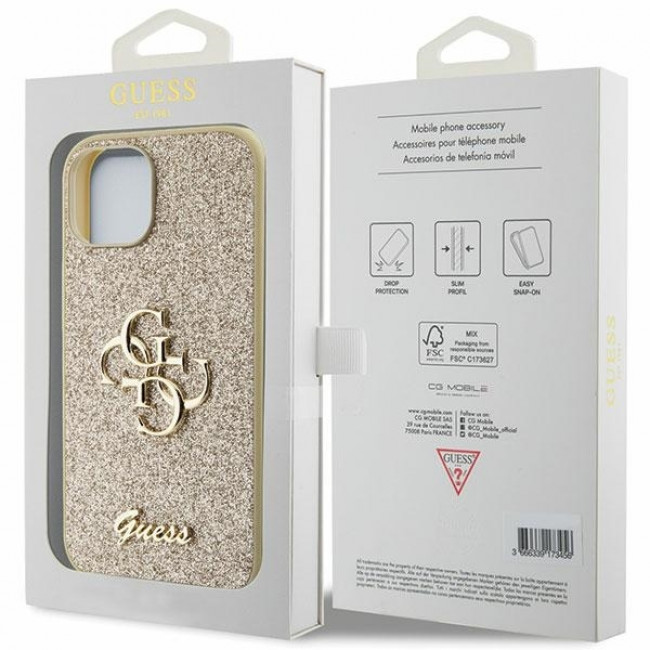 Guess iPhone 15 Glitter Script Big 4G Σκληρή Θήκη με Πλαίσιο Σιλικόνης - Gold - GUHCP15SHG4SGD