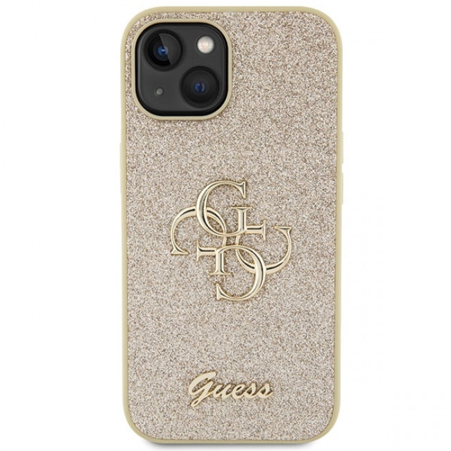 Guess iPhone 15 Glitter Script Big 4G Σκληρή Θήκη με Πλαίσιο Σιλικόνης - Gold - GUHCP15SHG4SGD