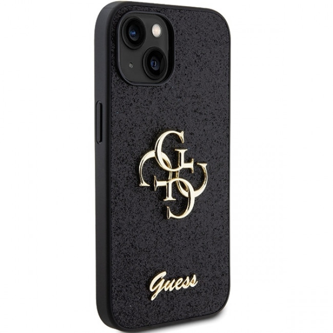 Guess iPhone 15 Glitter Script Big 4G Σκληρή Θήκη με Πλαίσιο Σιλικόνης - Black - GUHCP15SHG4SGK