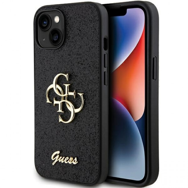 Guess iPhone 15 Glitter Script Big 4G Σκληρή Θήκη με Πλαίσιο Σιλικόνης - Black - GUHCP15SHG4SGK