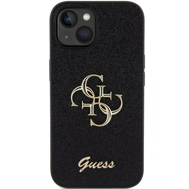 Guess iPhone 15 Glitter Script Big 4G Σκληρή Θήκη με Πλαίσιο Σιλικόνης - Black - GUHCP15SHG4SGK