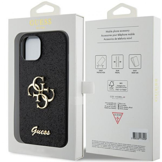 Guess iPhone 15 Glitter Script Big 4G Σκληρή Θήκη με Πλαίσιο Σιλικόνης - Black - GUHCP15SHG4SGK