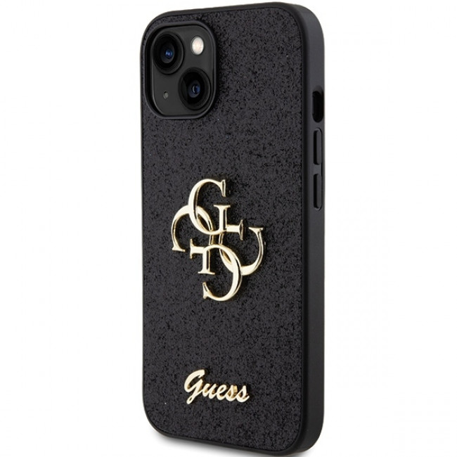 Guess iPhone 15 Glitter Script Big 4G Σκληρή Θήκη με Πλαίσιο Σιλικόνης - Black - GUHCP15SHG4SGK