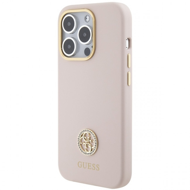 Guess iPhone 15 Pro Silicone Logo Strass 4G Σκληρή Θήκη με Πλαίσιο Σιλικόνης - Pink - GUHCP15LM4DGPP