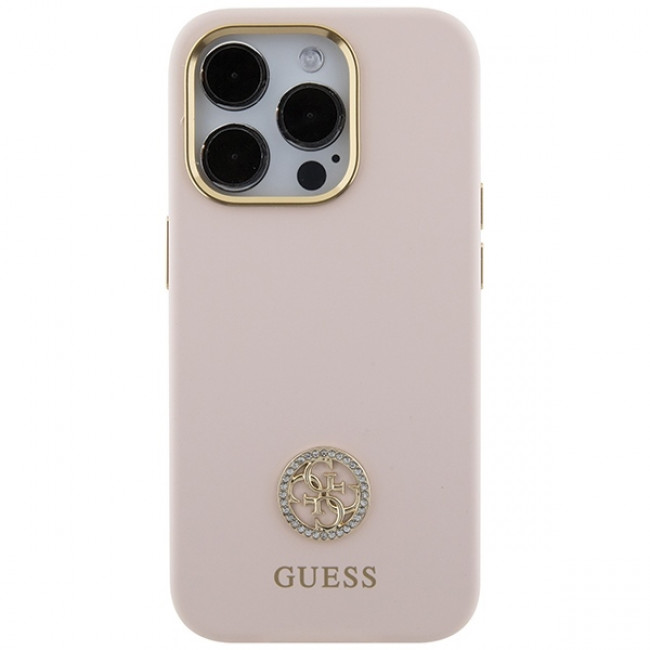 Guess iPhone 15 Pro Silicone Logo Strass 4G Σκληρή Θήκη με Πλαίσιο Σιλικόνης - Pink - GUHCP15LM4DGPP