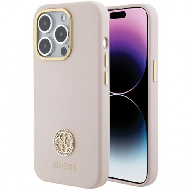 Guess iPhone 15 Pro Silicone Logo Strass 4G Σκληρή Θήκη με Πλαίσιο Σιλικόνης - Pink - GUHCP15LM4DGPP